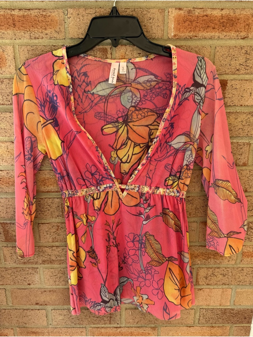 Sweet Pea Pink & Yellow Floral V-Neck Boho Top